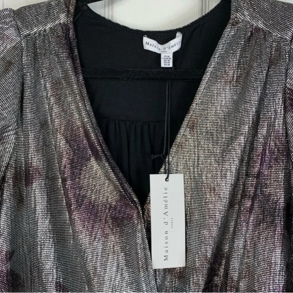 Anthropologie Maison D Amelie Paris Silver Metallic Blouse Size Medium - Picture 3 of 5